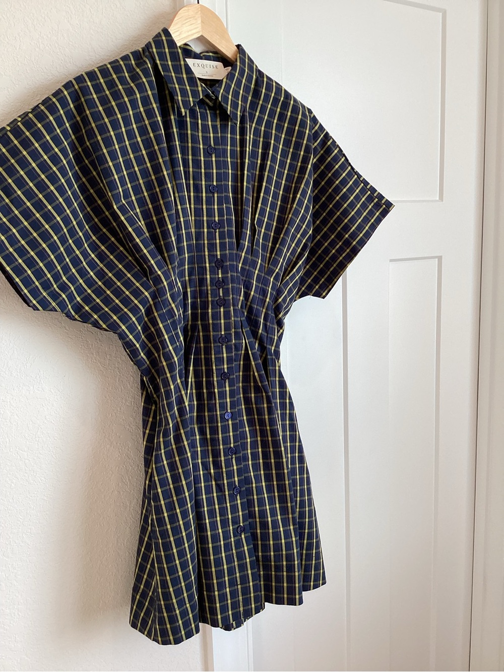 Exquise Tobie Short-Sleeve Pleated Mini Shirt Dress Navy Plaid Anthropologie - Picture 6 of 13